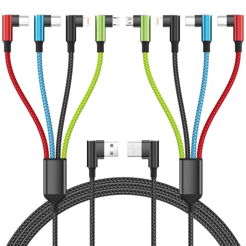 Travel Essentials 90 Degree Multi Charging Cable [2Pack 5FT], Right Angle 4 in 1 Charging Cable, USB Cable Charging Cords with IP/Type C/Type C/Micro Port, Compatible with Most Cell Phones and More - color: USB A-Red_Blue_Black_Green-2Pack, size: 2Pack 5F