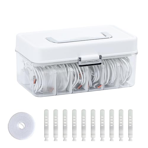 Large Cable Organizer Box with Lid, Plastic Cord Storage Case with Handle and Wire Ties for Home Office, Phone Charger, Art Crafts, Stationery - size: 1 Pack