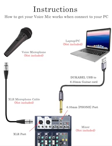 DUKABEL USB Guitar Cable, USB-A to 1/4 TS Cord for Guitar Recording, 8Feet/2.4Meter Instrument Mono Cord for Bass, Mixer, PC, Laptop(Donot Work with RockSmith) - style: USB to 1/4 inch