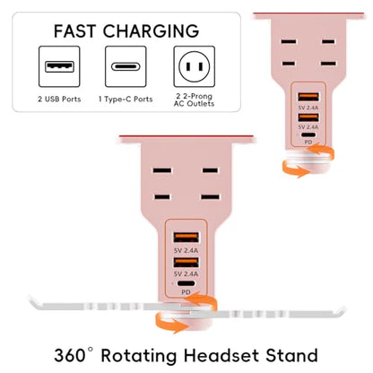 Gaming Headphone Stand with Charging Station - Aluminum Hooks Headphone Holder, Under Desk Headset Stand, 3 USB & AC Outlet, Surge Protector & Cable Organizer, Gift for Girl/Men - color: Pink