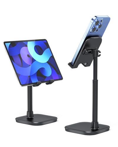 Cell Phone Stand, Adjustable Height Phone Stand for Desk, Eye Level Desktop Phone Holder Compatible with iPhone, Pro Max, Samsung, and All Mobile Phones up to 10'' - color: Black