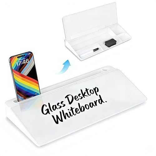 Glass Desktop Whiteboard with Storage15.8×7”, Desk Dry Erase Note Board, Compact Desk Organizer for to-Do List Home Office School & Gift, White - color: White Basic