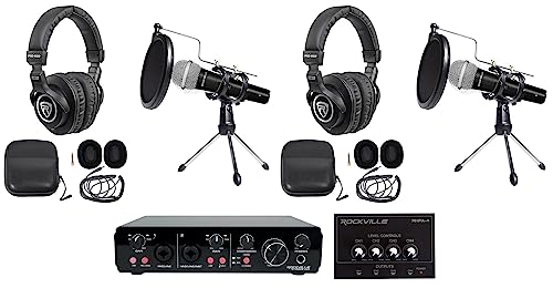 Rockville R-TRACK 2x2 Bundle: USB recording interface 24 Bit 192 kHz, (2) RMC-XLR dynamic mics, (2) PRO-M50 headphones, (2) RTMS21 desktop stands, RHPA4 headphone amp, 3 ft TRS cable, 9-items