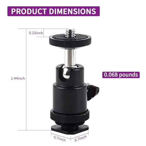 Camera Cold Shoe Mount 1/4", 360 Degree Swivel Mini Ball Head with 1/4 inch, Suitable for Cameras, Camcorders, Smartphones, Tripods, LED Selfie Light, Ring Lights, GoPro, and Flashlights