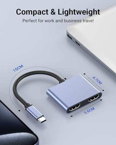 USB C to Dual HDMI Adapter 4K@60Hz, Multiport Adapter with 2 HDMI, USB3.0, PD 100W, USB C Splitter Compatible with MacBook Pro/Air, iPad Pro, Dell, HP, S24/S23/S22