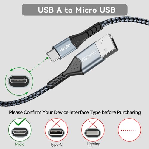 FEMORO USB to Micro USB Cable 10 ft Long 12W Charging & 480Mbps Data Transfer, MicroUSB Charger Cord for PS4 Xbox Old Android Phone Kindle Raspberry Pi 3 and More - size: 10 Feet