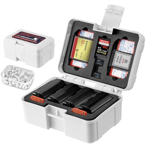 FOMITO Camera Battery Case & Memory Card Organizer - Holds 7 SD Cards 2 CFast 2 CF 2 Micro SD 2 XQD - Water-Resistant Shockproof Hard Shell Storage Box (Cold Gray Red) - color: Cold gray Red