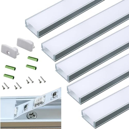 5-Pack Pre-Drilled Countersunk Hole 3.3FT/100CM LED Strip U Channel Diffuser, Hacksaw Easy Cut Flush Mounted Under Cabinet Tape Light Aluminum Track Low Profile with Mounting Spares
