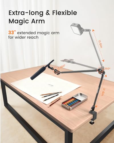 33" Magic Arm w Super Clamp, Overhead Camera Mount, Articulating Extended Friction Boom Arm w 1/4" Thread Adapter, for Mic, Light, Phone, Webcams, Action Camera