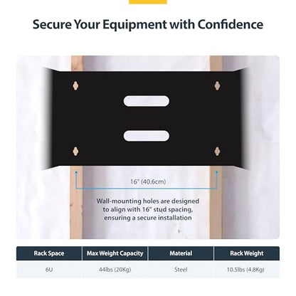 StarTech.com 6U Wall Mount Network Rack - 14 Inch Deep (Low Profile) - 19" Patch Panel Bracket for Shallow Server and IT Equipment, Network Switches - 44lbs/20kg Weight Capacity, Black (WALLMOUNT6) | Low-profile shallow rack, M6 screws and cage nuts, Ship