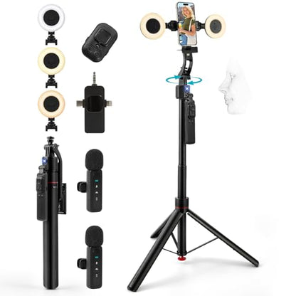 Vlogging Kit for iPhone/Android, 70”Auto Face Tracking Tripod Auto-Open Tripod Stand for iPhone with Light, Wireless Microphones with Remote, YouTube Starter kit for TikTok, Vlogging