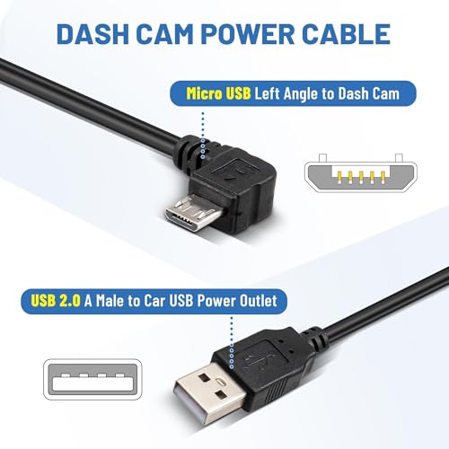 EWAY Dash Cam Mircro USB Power Cord 16.5ft, USB 2.0 A to Micro-B Left Angle 90 Degree Replacement Power Supply Cable Car Charger Adapter USB Connector for Dashcam Dash Board Recorder Recording Camera