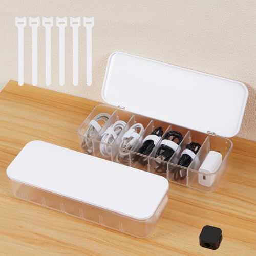 Cable Organizer Box with 14 Wire Ties and 6 Magnetic Cable Clips, Desktop Cord Management Box with Dividers and Lid for Home Office Storage – White - size: 2-Pack