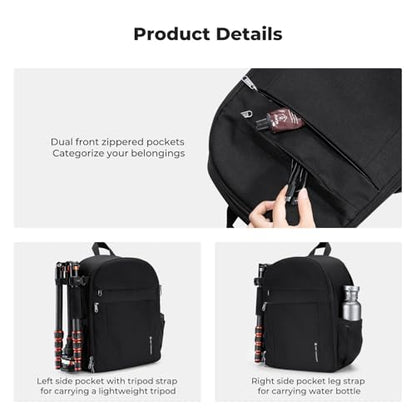 K&F CONCEPT Lightweight Camera Backpack Bag, Professional Photography Bag Compatible with Canon/Nikon/Sony Camera and Lens Accessories, Camera Case with Tripod Strap & Rain Cover - color: 01-Light Black