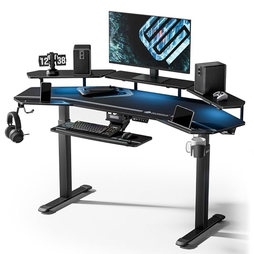 EUREKA ERGONOMIC Gaming Desk, Standing Desk w Keyboard Tray, 72" Wing Shaped Music Studio Table with LED Shelves, Gaming Recording Live Stream, Slot Design - color: Black, size: 72"W x 35"H-Adjustable