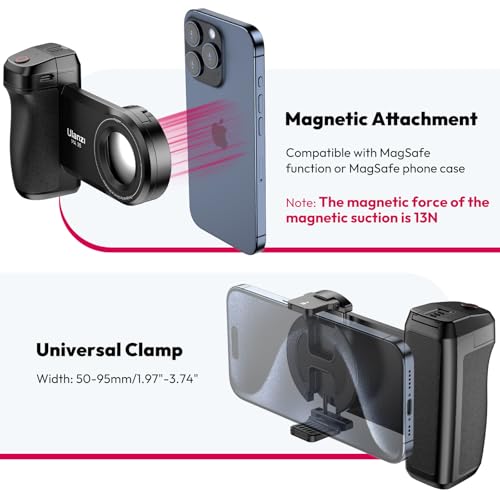 ULANZI Selfie Phone Tripod Mount MA35, 2-in-1 Magnetic & Phone Clip Camera Grip Handle Holder with Detachable Remote Shutter with Cold Shoe Adapter for iPhone 15 16 17 Samsung Video Shooting