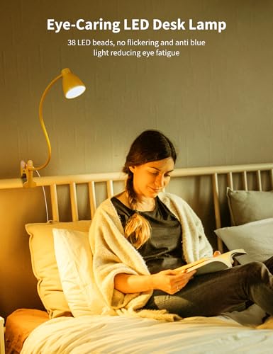 BOHON Clip on Light, Desk Lamp with Clamp, 5 Color 10 Brightness Yellow | Flexible Neck Clip Lamp, 10W 38 LED, Auto Off Timer, Desk Lights for Office Home Bed Bedside Reading, Bright Yellow - color: Bright Yellow