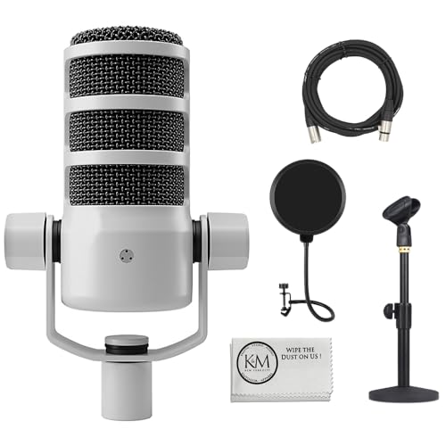 Rode PodMic Dynamic Podcasting Microphone | White Bundle with Pop Filter + Desktop Microphone Stand + XLR Cable + Cleaning Cloth (5 Item) - color: White, style: XLR Only