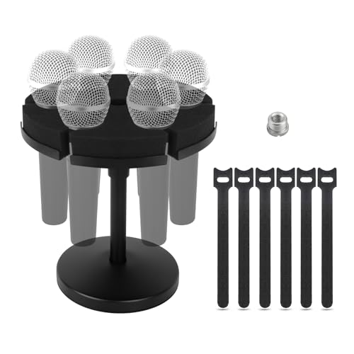 Multi Microphone Holder, Wired and Wireless Mic Holder for Stand, Hold Up to 6 Microphones, Aluminum, Black with stand (Desk)