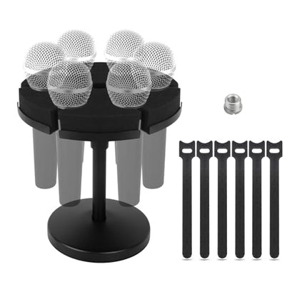 Multi Microphone Holder, Wired and Wireless Mic Holder for Stand, Hold Up to 6 Microphones, Aluminum, Black with stand (Desk)