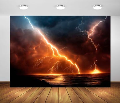 17x10ft Ocean Rainstorm Lightning Backdrop Lightning Storm Backdrop Dark Cloudy Sky Thunderstorm Background Party Decoration Photo Booth Studio Prop - size: 17x10FT