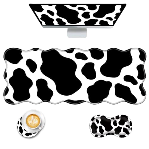 Mouse Pad with Wrist Support + Desk Mat + Coaster 3 in 1 Set, XL Large Gaming Mousepad Ergonomic Mouse Pads for Desk Computer Laptop Office,Cow Print - color: Cow Print, size: 3 Pcs-XL