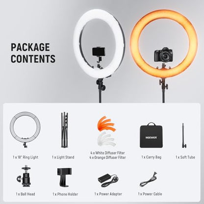 NEEWER 18 Inch Ring Light with Tripod Stand, 55W Large LED Ringlight, Cold Shoe Phone Holder Compatible with iPhone Camera for Video Recording Photography Streaming Selfie Makeup Studio Photo, RL-18