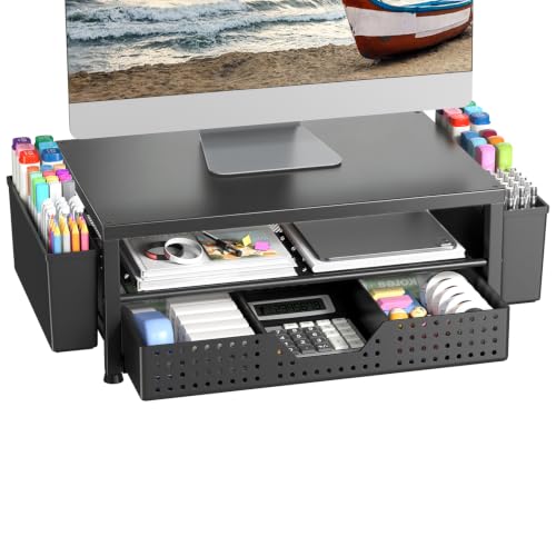 Monitor Riser, Laptop Stand for Desk, Office Desk Organizer and Accessories, Computer Monitor Stand, Desktop Shelf with Drawer and Pen Holder, Printer Stand for Home, Office, Dorm (Black) - color: Black-Regular