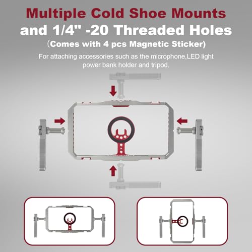 Magnetic Phone Cage with Handle,Smartphone Cage Kit with 360° Rotation Handgrip and Magnetic Sticker for Photography,Compatible with iPhone 17/16/15/14/13 Series and Andriod Phones (Silver+Red) - color: silver
