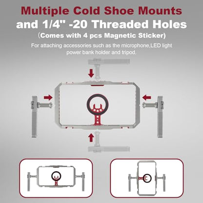 Magnetic Phone Cage with Handle,Smartphone Cage Kit with 360° Rotation Handgrip and Magnetic Sticker for Photography,Compatible with iPhone 17/16/15/14/13 Series and Andriod Phones (Silver+Red) - color: silver