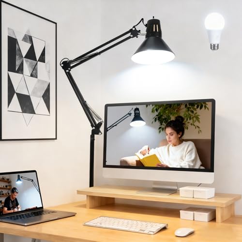 Desk Lamp With Clamp for Home Office, Eye-Caring Clip on Light with Adjustable Extra Tall Metal Swing Arm, High Intensity Clamp Lamp w/LED Bulb, Architect Task Table Lamps for Study, Workbench-B/5000k - color: Black, size: 5000K Natural Daylight-Extra Lon