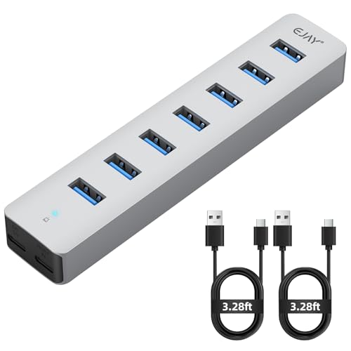 EJAY 7-Port Desktop USB 3.0 Hub for PC with Extra Power Port, Aluminum USB Splitter 5Gbps Data Transfer, 3.28ft Long Data & Power Cables for Laptop, Mac, Windows, Linux