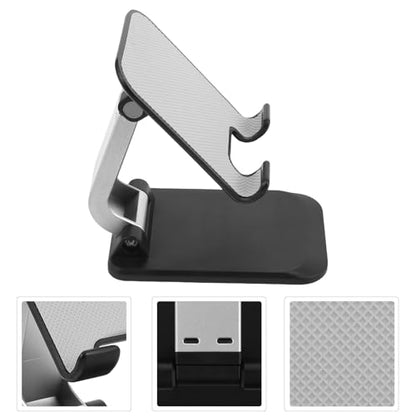SHERCHPRY Aluminum Alloy Desktop Phone Holder Stand for Office and Home, Foldable Tablet and Cell Phone Desk Stand, Heavy Duty Stable Base in Black for Live Streaming and Video Calls