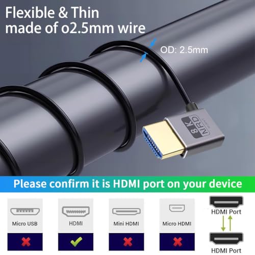 Duttek Coiled HDMI Cable1 FT-1.5FT 8K 60fps, 4K 120fps, Extremely Thin Left Angle to Right Angle HDMI Coiled Cable Short 480Gbps for ATOMOS Ninja V Sony A7siii Canon C300 C500 Ronin RS2 Monitor Camera