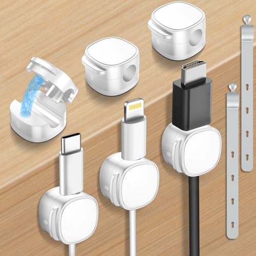6 Pack,Magnetic Cable Clips & Silicon Cable Ties,[Cable Smooth Adjustable Under Desk Organizer],Cable Management,Cord Holder-Desk Stand Cable Organizer Holding,Adhesive for Home Cable Keeper - color: White
