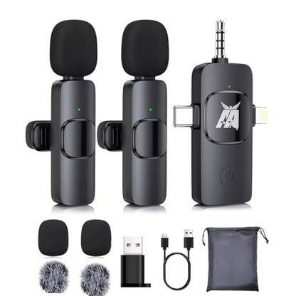 Aarkani Wireless Lavalier Microphone 3-in-1 for iPhone, Android, DSLR Camera – Dual Mic Set with Receiver (Lightning, USB-C, 3.5mm), Plug & Play for Video Recording, YouTube, Vlog, Interview