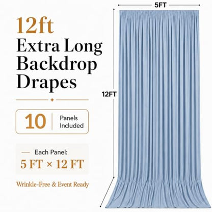 50ft x 12ft Dusty Blue Backdrop Curtains, Wrinkle Free Thick Fabric Polyester Curtains Backdrop Drapes Cover for Parties Wedding Birthday Photography Background, 10 Panels 5ft x 12ft - color: Dusty blue, size: 50FT(W) x 12FT(H)