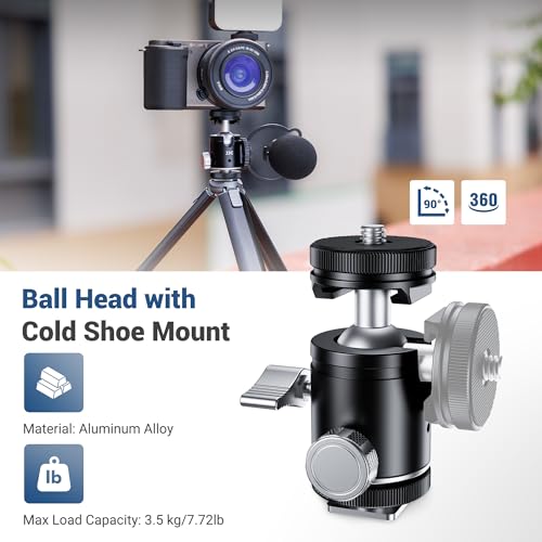 1/4''-20 Camera Tripod Ball Head Mount Adapter, Mini Ballhead with Cold Shoe Mount for Camera DSLR Tripod Selfie Stick LED Light Flash Microphone Phone Cage, 360-Degree Rotation, 90-Degree Tilt