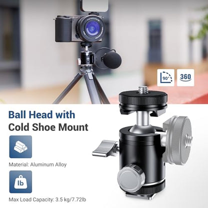 1/4''-20 Camera Tripod Ball Head Mount Adapter, Mini Ballhead with Cold Shoe Mount for Camera DSLR Tripod Selfie Stick LED Light Flash Microphone Phone Cage, 360-Degree Rotation, 90-Degree Tilt