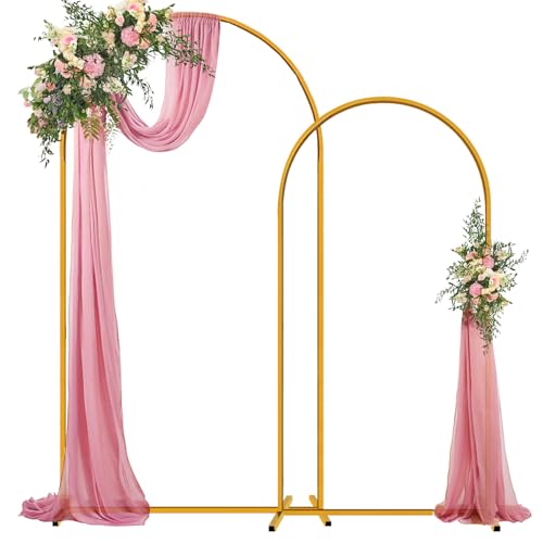 Hemmotop Gold Metal Arch Backdrop Stand Set of 2, 7.2ft and 6ft | Pieces are Labeled for Easy Assembly, Ground Stakes for Stable Base, Versatile for Wedding, Bridal Shower, Party Decoration - size: 7.2ft, 6ft