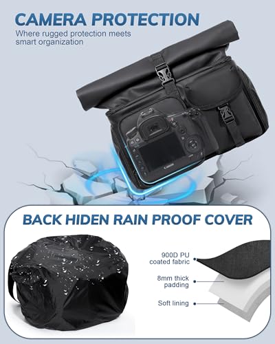 Smasrob Camera Bag with Tripod Holder, Rain Cover and Hidden Water Bottle Holder, Camera Sling Bag with Extra Storage Section, Black
