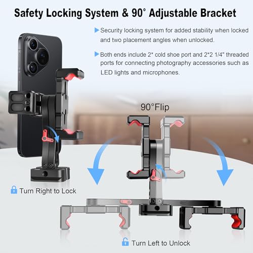 Manbily Phone Tripod Mount, Metal Smartphone Mount Adapter with Dual Phone Holder, 360° Swivel 180° Flip Adjustable Clip Clamp with Cold Shoe, for Selfie Stick Vlog Live Streaming