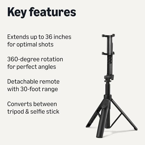 Amazon Basics 36" Portable Selfie Stick Mini Tripod for Phone with Detachable Remote, 360-Degree Rotation, 30-Foot Range, Compatible with iPhone, Samsung, and More, Black - size: 36inch