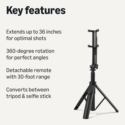 Amazon Basics 36" Portable Selfie Stick Mini Tripod for Phone with Detachable Remote, 360-Degree Rotation, 30-Foot Range, Compatible with iPhone, Samsung, and More, Black - size: 36inch