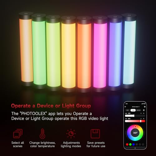 PHOTOOLEX RGB Tube Light, Mini LED Video Light Wand, Magnetic Light Stick | 190mm/2600mAh/Rechargeable/Handheld/2500-9900K/360° Full Color/CRI 96+, Photography Light Bar for TikTok YouTube