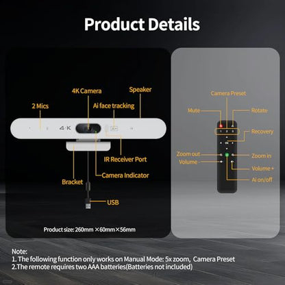 4K All-in-One Video Bar, USB Video Conference System, 4K 8MP Conference Camera & Hi-Fi Speaker & 2 Noise-reducing Mics, Auto Framing & Speaker Tracking, 94°FOV, Auto Light Correction, Plug and Play