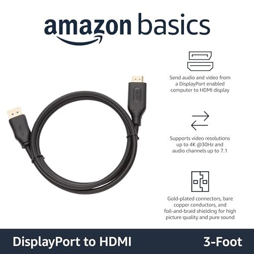 Amazon Basics DisplayPort to HDMI Cable, Video and Audio, Uni-Directional, 1920x1200, 1080p Full HD, Gold-Plated Plugs, 3 Feet, Black, 5-Pack - size: 3 Feet, style: 5-Pack