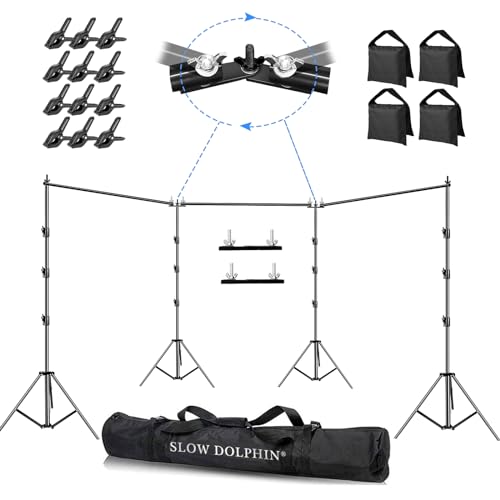 SLOW DOLPHIN Photo Video Studio 30ft (Wide) x 10ft (Tall), Degree Crossbar Rotatable, Angle Adjustable Triple Crossbar Extender Mount, Photography Background Support System, Sand Bags,Clamps,Carry Bag