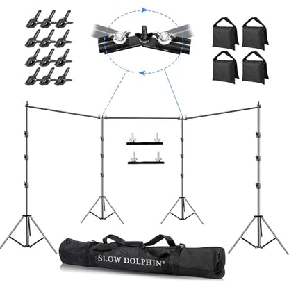 SLOW DOLPHIN Photo Video Studio 30ft (Wide) x 10ft (Tall), Degree Crossbar Rotatable, Angle Adjustable Triple Crossbar Extender Mount, Photography Background Support System, Sand Bags,Clamps,Carry Bag