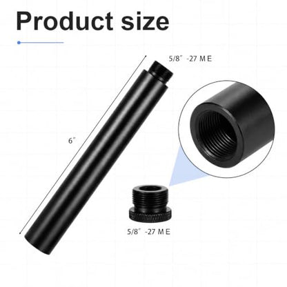 6-Inch Microphone Stand Extension Tube, Universal 5/8-27" Thread Heavy Duty Aluminum Alloy Mic Extender Pipe with 5/8" to 3/8" Adapter for Desk Base, Boom Arm, Podcast Setup